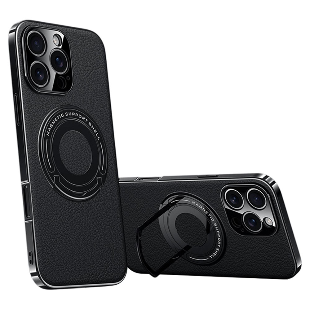 For iPhone 16 Pro Max Case Compatible with MagSafe Leather TPU Back Cover with Hidden Kickstand - Black