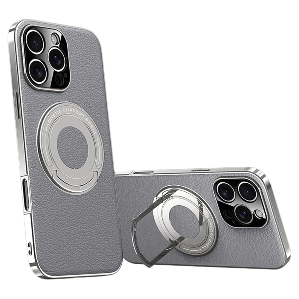 For iPhone 16 Pro Max Case Compatible with MagSafe Leather TPU Back Cover with Hidden Kickstand - Grey