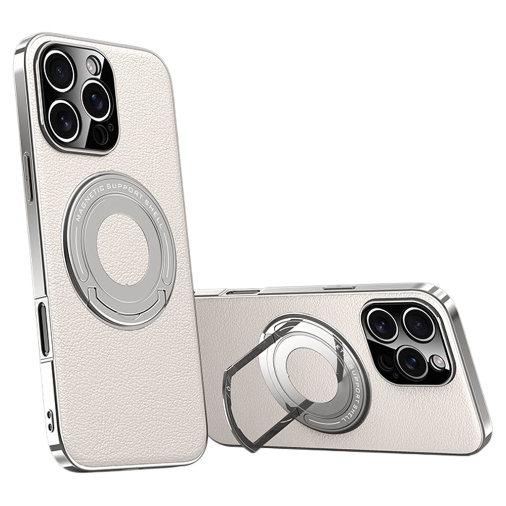 For iPhone 16 Pro Max Case Compatible with MagSafe Leather TPU Back Cover with Hidden Kickstand - White