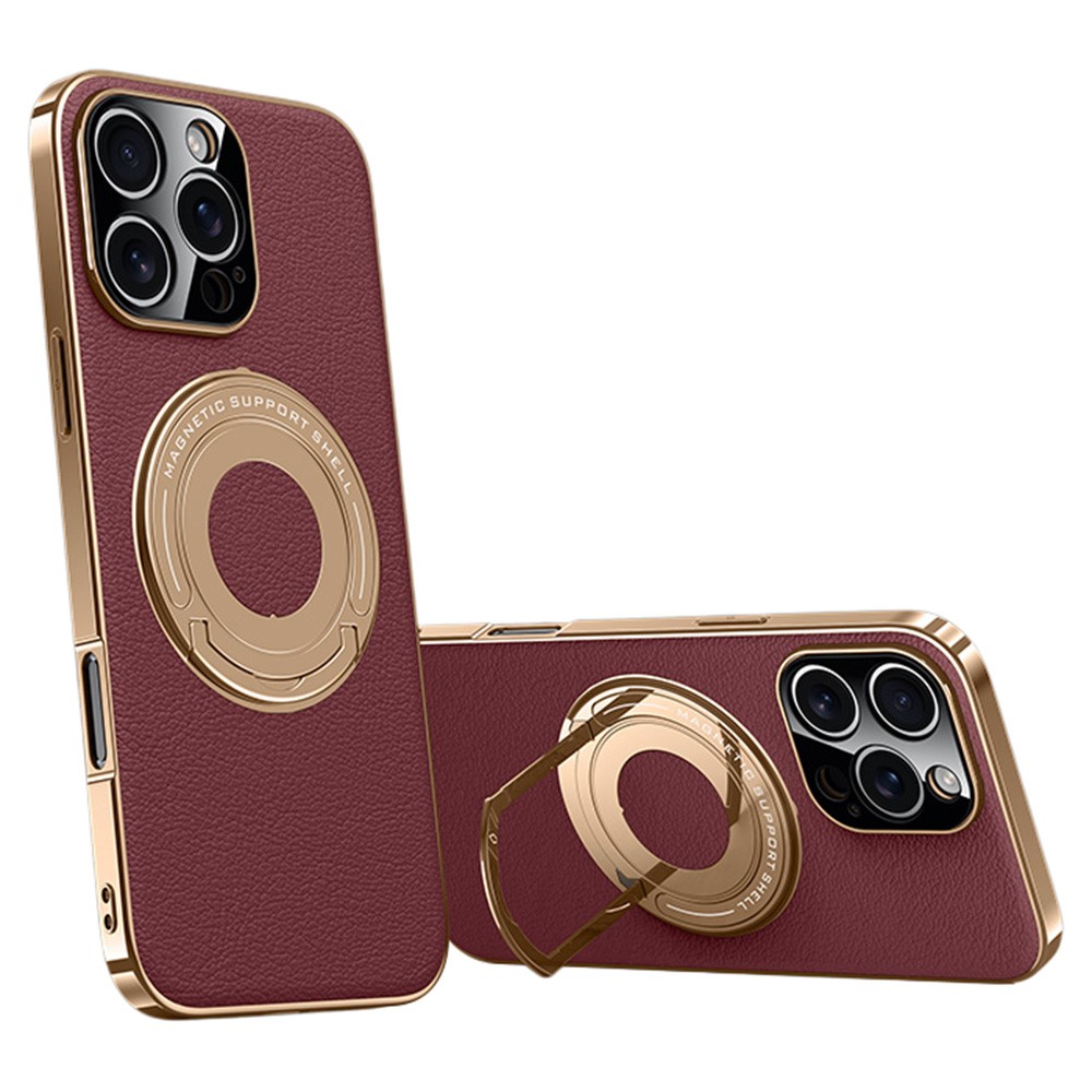 For iPhone 16 Pro Max Case Compatible with MagSafe Leather TPU Back Cover with Hidden Kickstand - Red