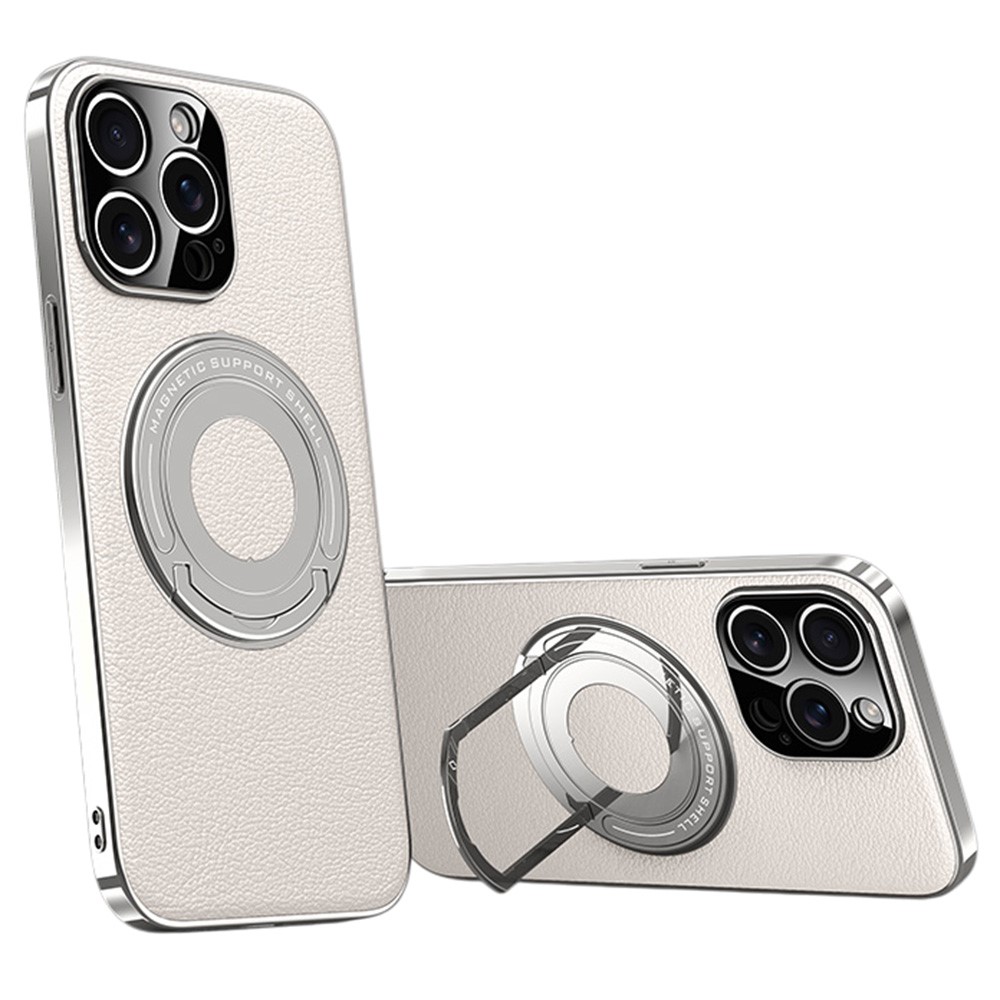 For iPhone 15 Pro Max Case Compatible with MagSafe Leather TPU Back Cover with Hidden Kickstand - White