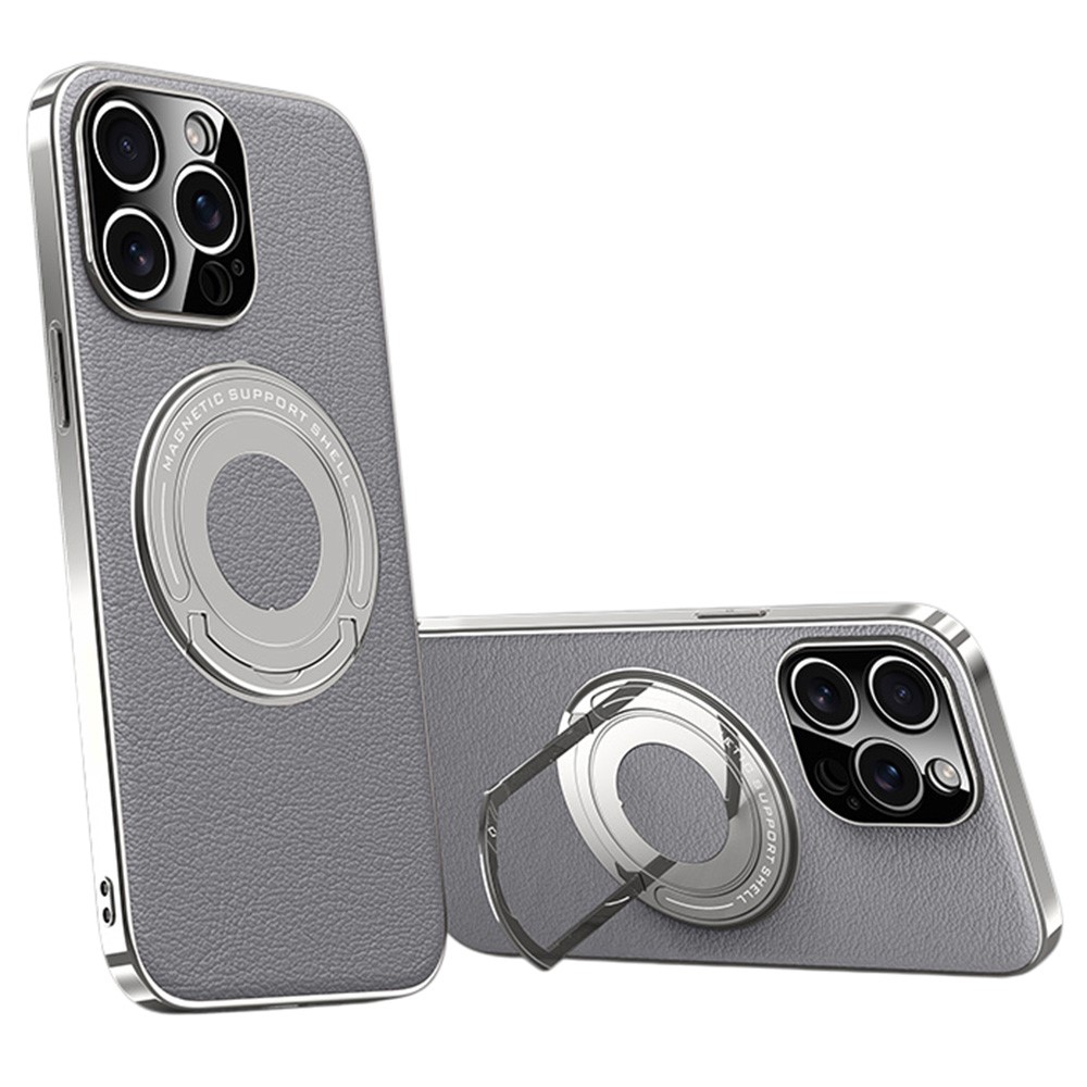 For iPhone 15 Pro Case Compatible with MagSafe Leather TPU Back Cover with Hidden Kickstand - Grey