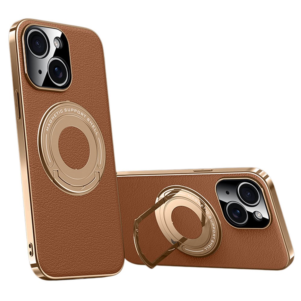 For iPhone 15 Case Compatible with MagSafe Leather TPU Back Cover with Hidden Kickstand - Brown