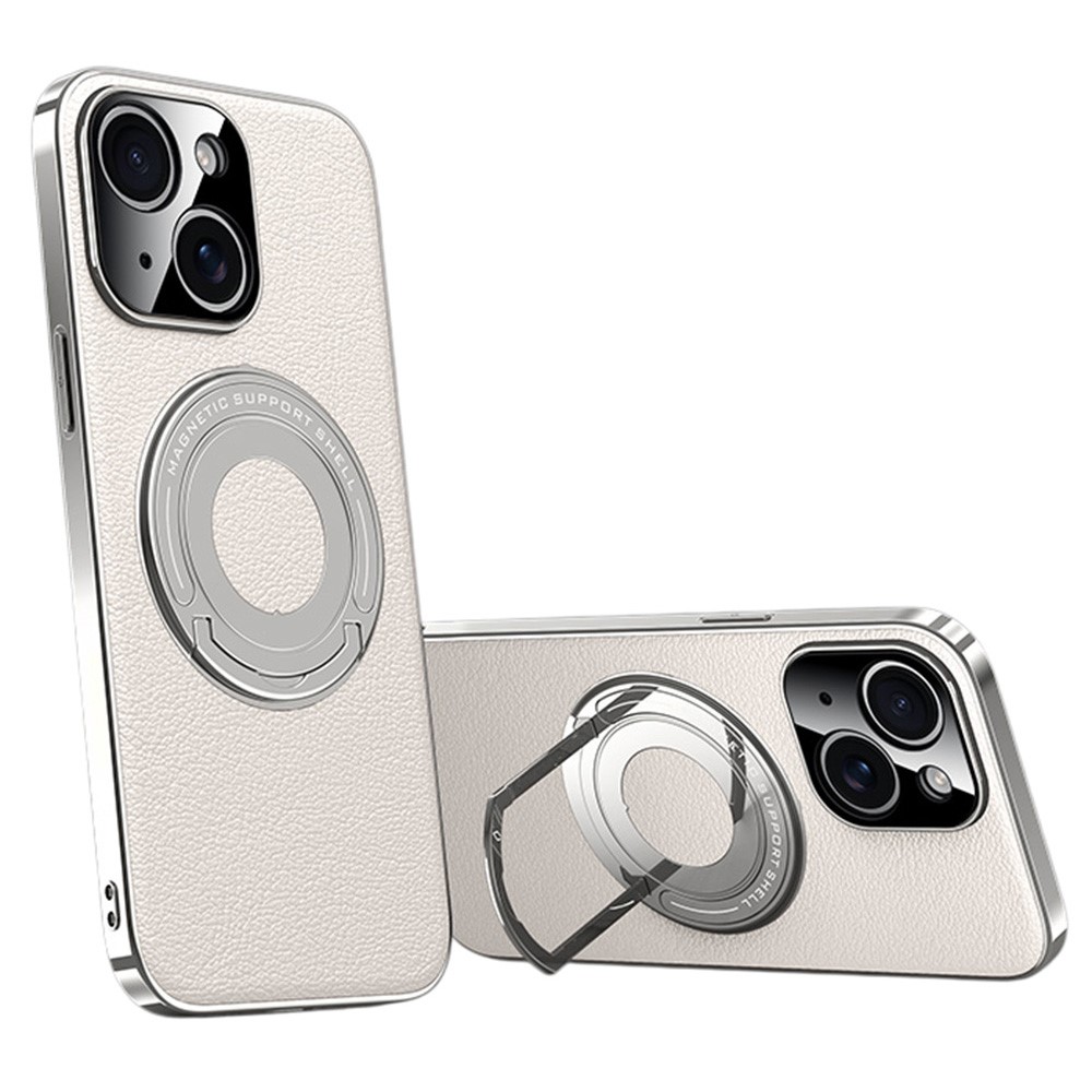 For iPhone 15 Case Compatible with MagSafe Leather TPU Back Cover with Hidden Kickstand - White