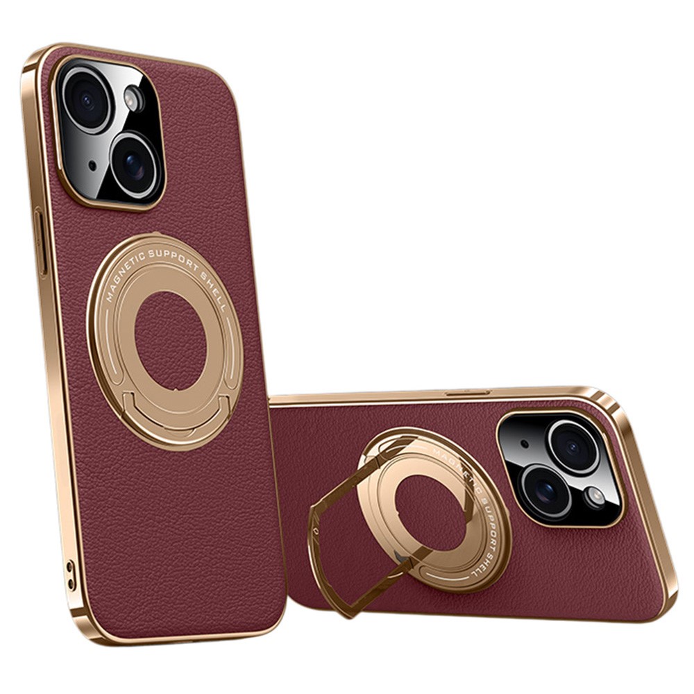 For iPhone 14 Case Compatible with MagSafe Leather TPU Back Cover with Hidden Kickstand - Red