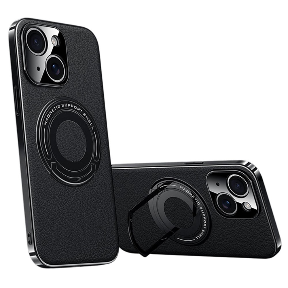 For iPhone 14 Case Compatible with MagSafe Leather TPU Back Cover with Hidden Kickstand - Black