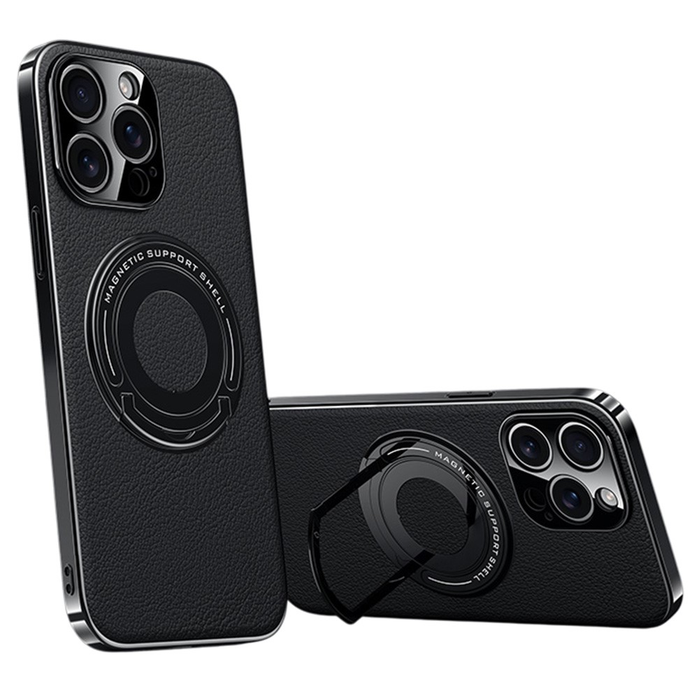 For iPhone 13 Pro Max Case Compatible with MagSafe Leather TPU Back Cover with Hidden Kickstand - Black