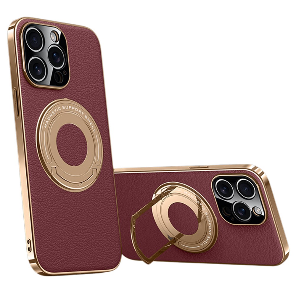 For iPhone 13 Pro Case Compatible with MagSafe Leather TPU Back Cover with Hidden Kickstand - Red