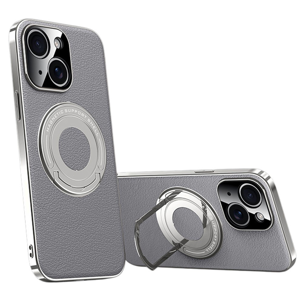 For iPhone 13 Case Compatible with MagSafe Leather TPU Back Cover with Hidden Kickstand - Grey