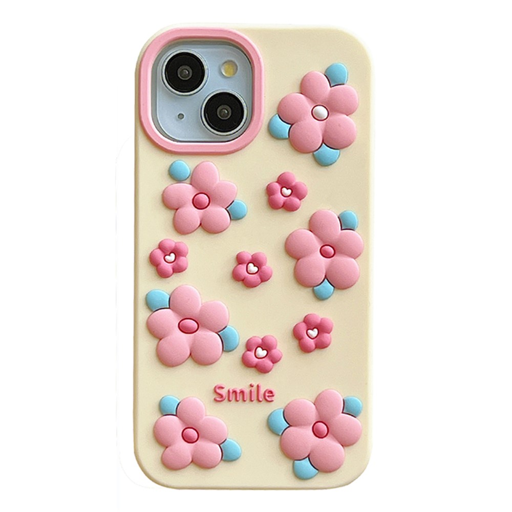 For iPhone 15 Silicone Case Cute 3D Smile Pink Floral Design Shockproof Phone Back Cover