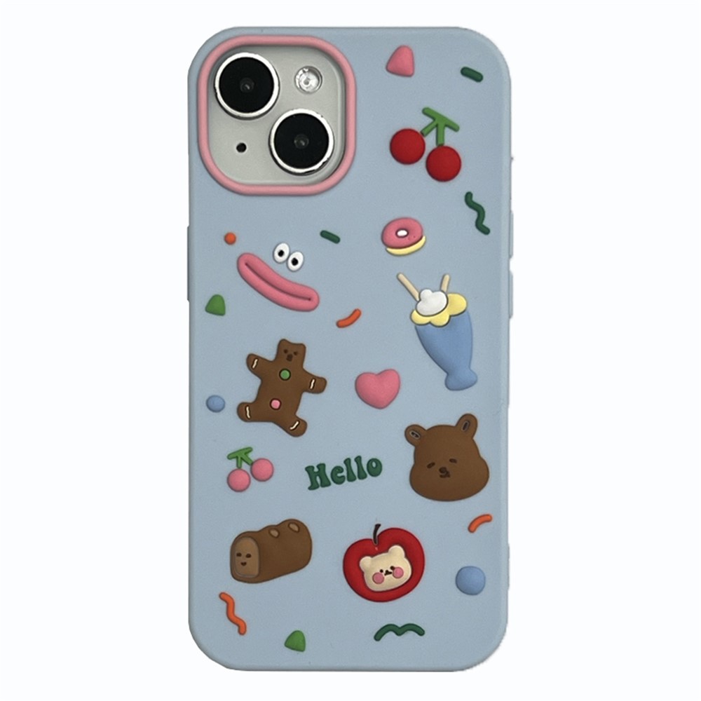 For iPhone 15 Silicone Case Cute Hello Bear Design Shockproof Phone Back Cover - Blue