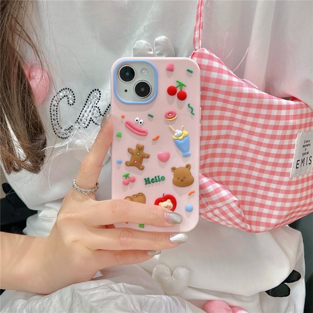 For iPhone 15 Silicone Case Cute Hello Bear Design Shockproof Phone Back Cover - Pink