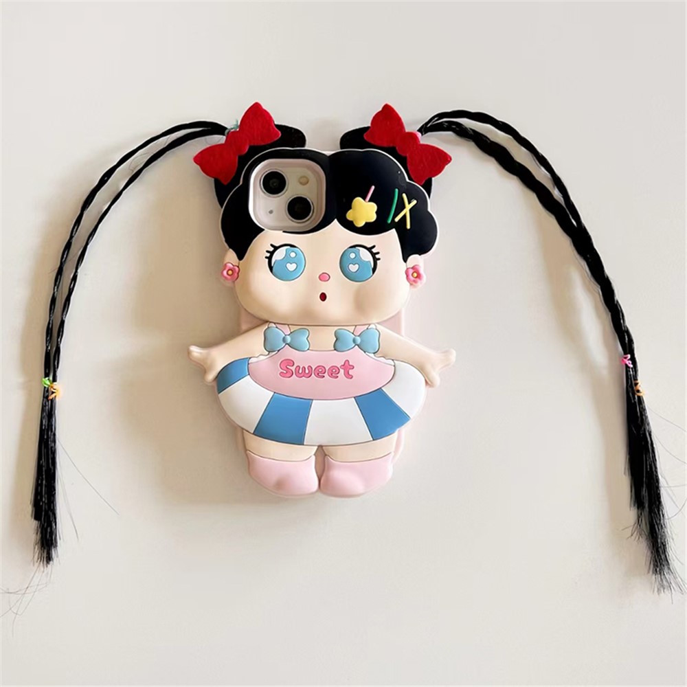 For iPhone 15 Silicone Case Cute Long Braided Girl Design Shockproof Phone Back Cover