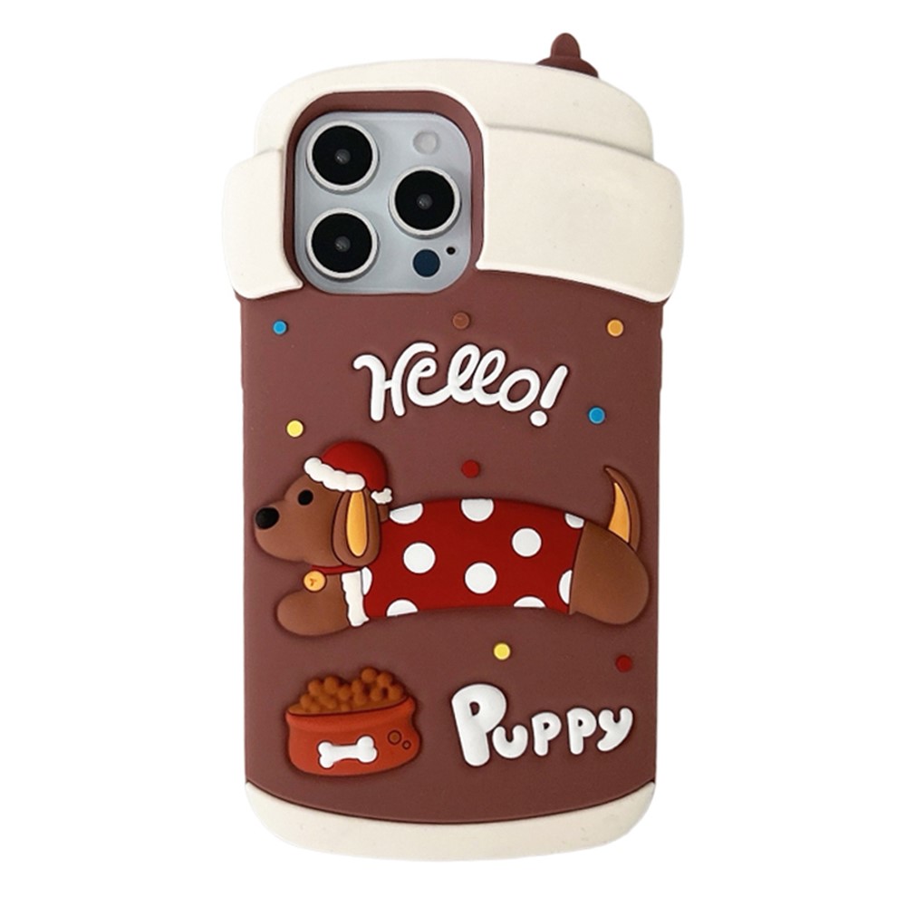 For iPhone 16 Pro Max Silicone Case Cute Dachshund Coffee Cup Design Shockproof Phone Back Cover