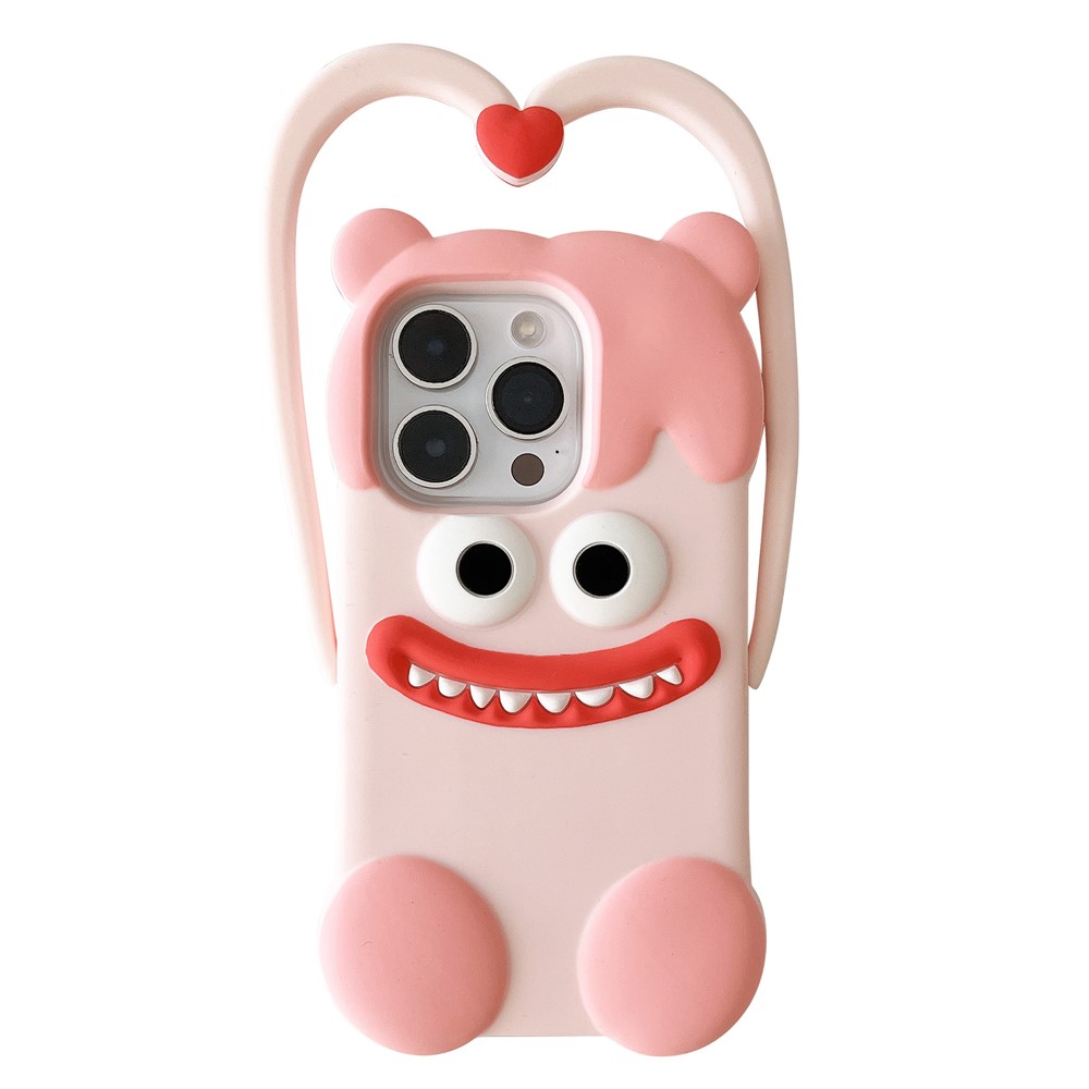 For iPhone 16 Pro Max Silicone Case Cute Heart Monster Design Shockproof Phone Back Cover - Pink