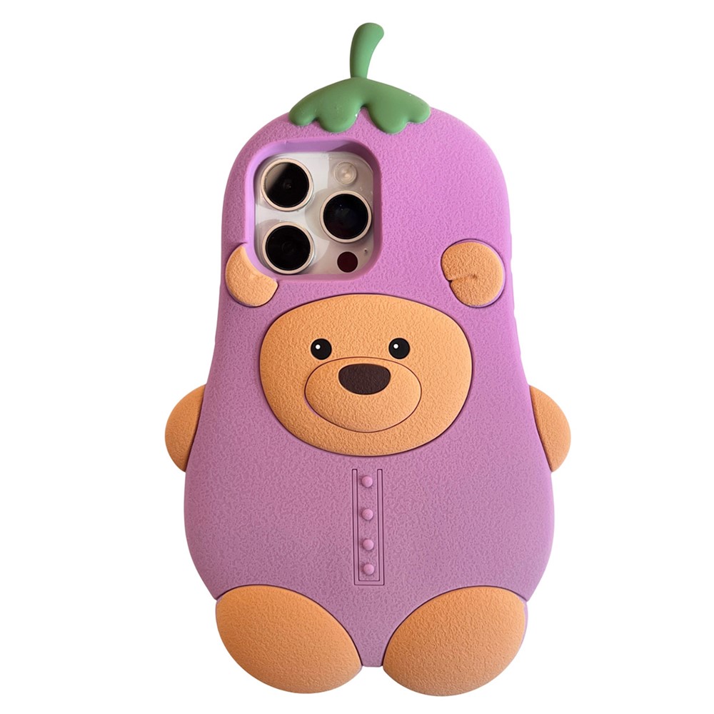 For iPhone 16 Pro Max Silicone Case Cute Eggplant Bear Design Shockproof Phone Back Cover