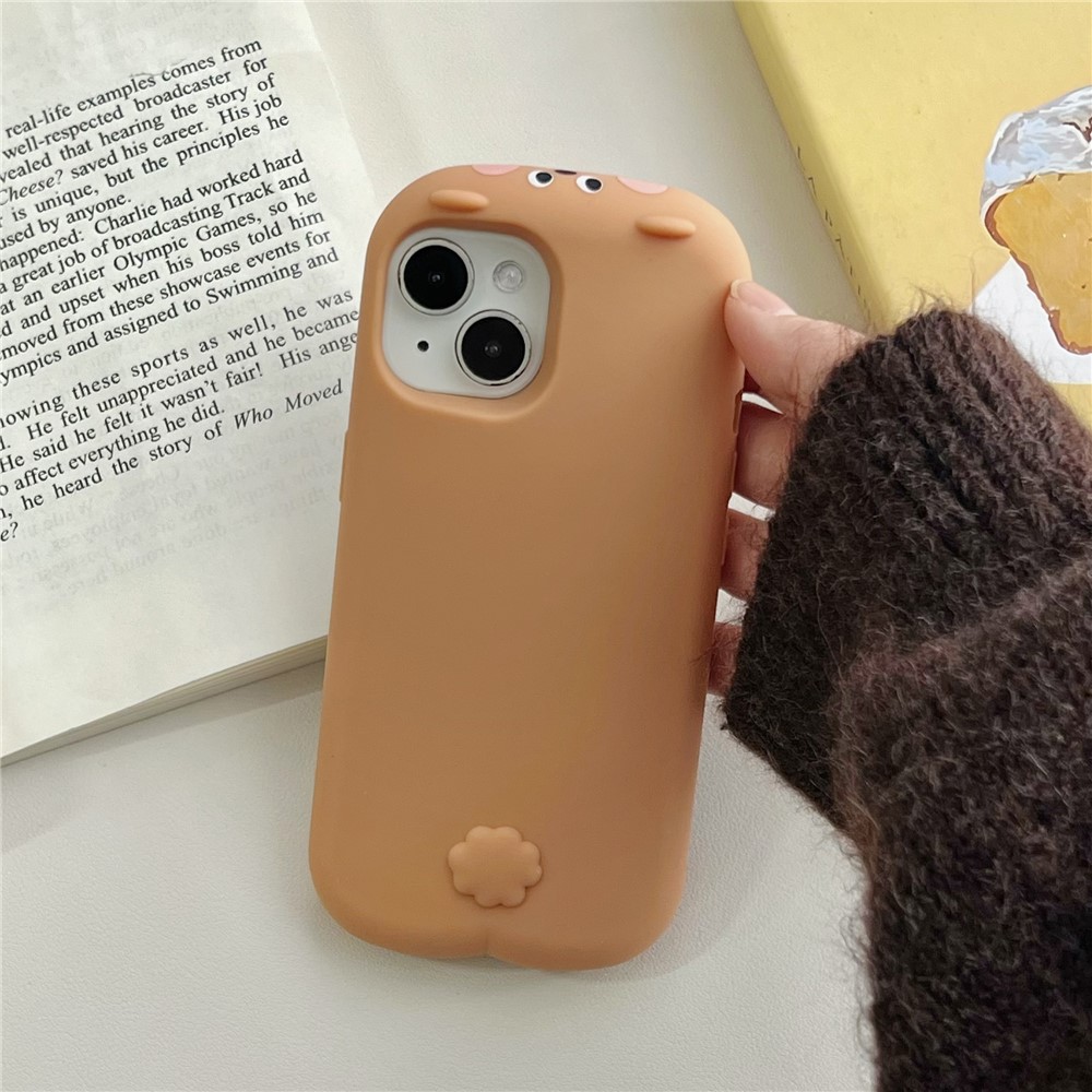 For iPhone 15 Silicone Case Cute Sleeping Milk Tea Bear Design Shockproof Phone Back Cover