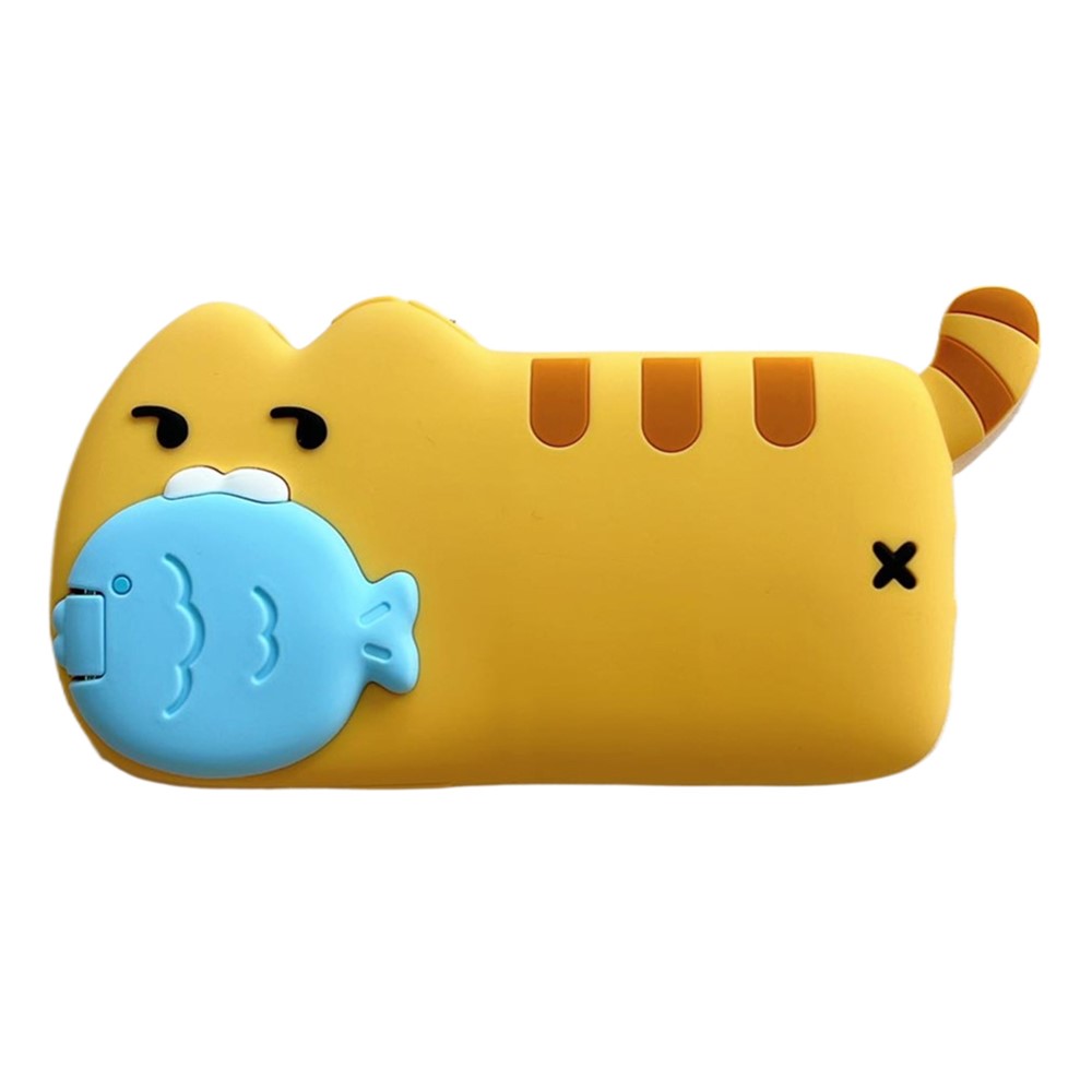 For iPhone 15 Silicone Case Cat Eating Fish Design Lens Cover Kickstand Phone Back Cover