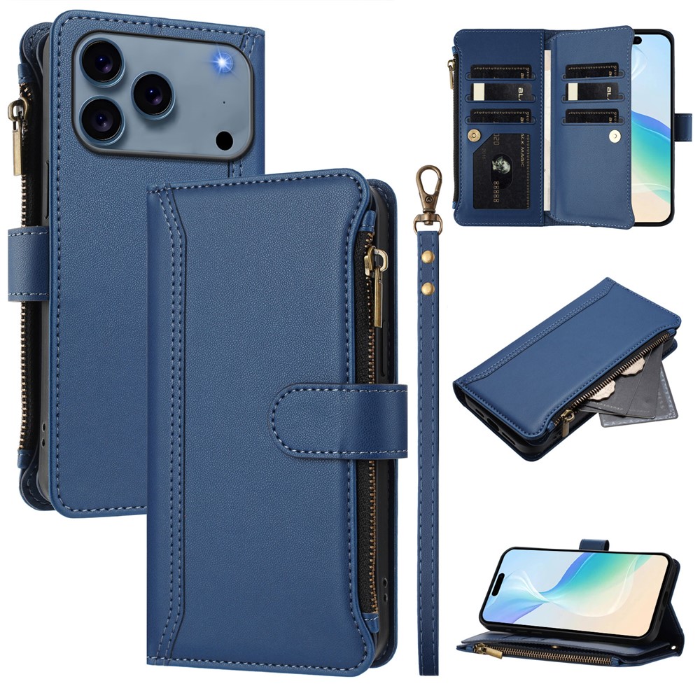 For iPhone 17 Pro Leather Case 9 Card Slots Zipper Wallet Stand Phone Cover with Wrist Strap - Dark Blue