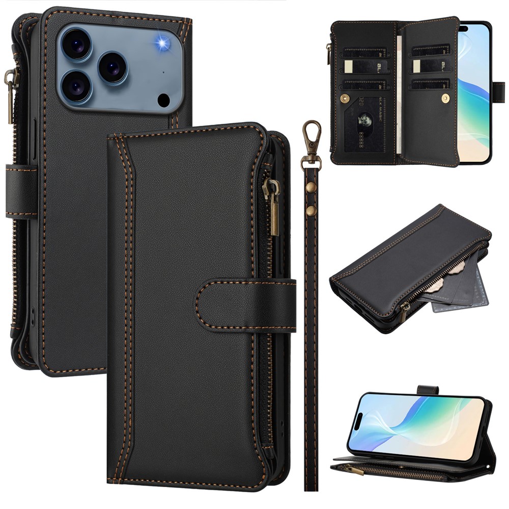 For iPhone 17 Pro Leather Case 9 Card Slots Zipper Wallet Stand Phone Cover with Wrist Strap - Black