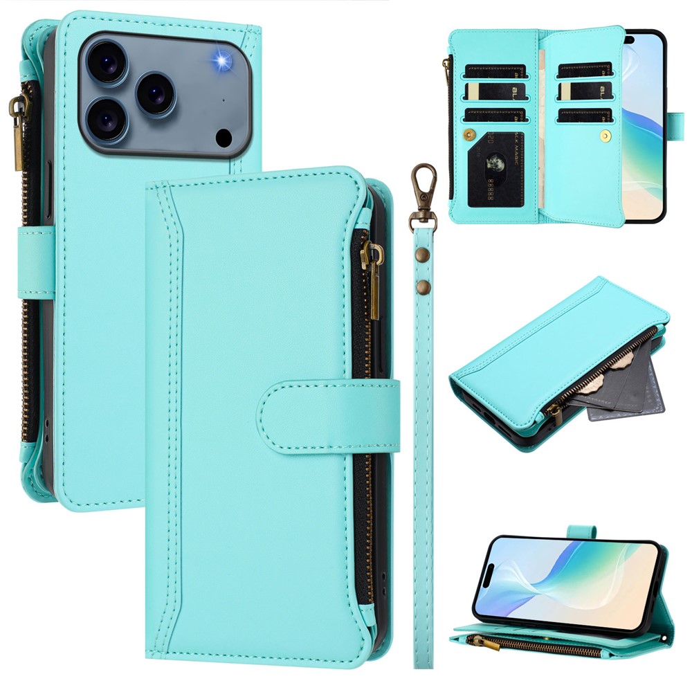 For iPhone 17 Pro Leather Case 9 Card Slots Zipper Wallet Stand Phone Cover with Wrist Strap - Mint Green