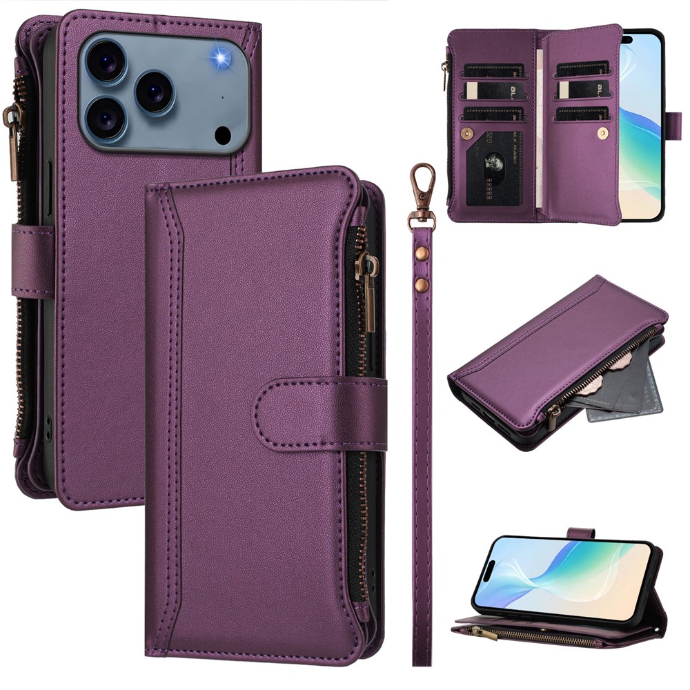 For iPhone 17 Pro Leather Case 9 Card Slots Zipper Wallet Stand Phone Cover with Wrist Strap - Purple