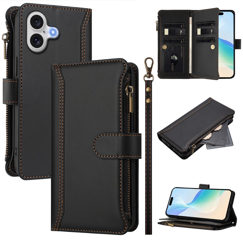 For iPhone 17 Leather Case 9 Card Slots Zipper Wallet Stand Phone Cover with Wrist Strap - Black