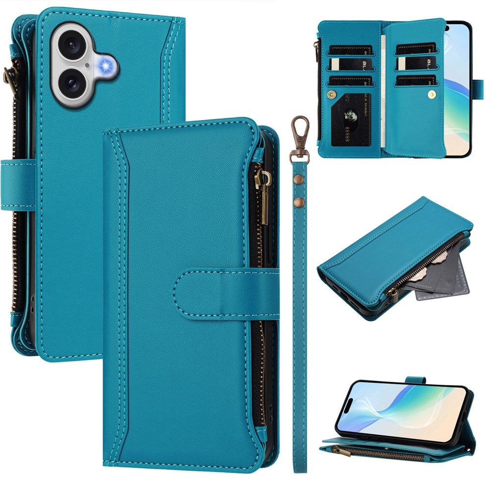 For iPhone 17 Leather Case 9 Card Slots Zipper Wallet Stand Phone Cover with Wrist Strap - Lake Blue