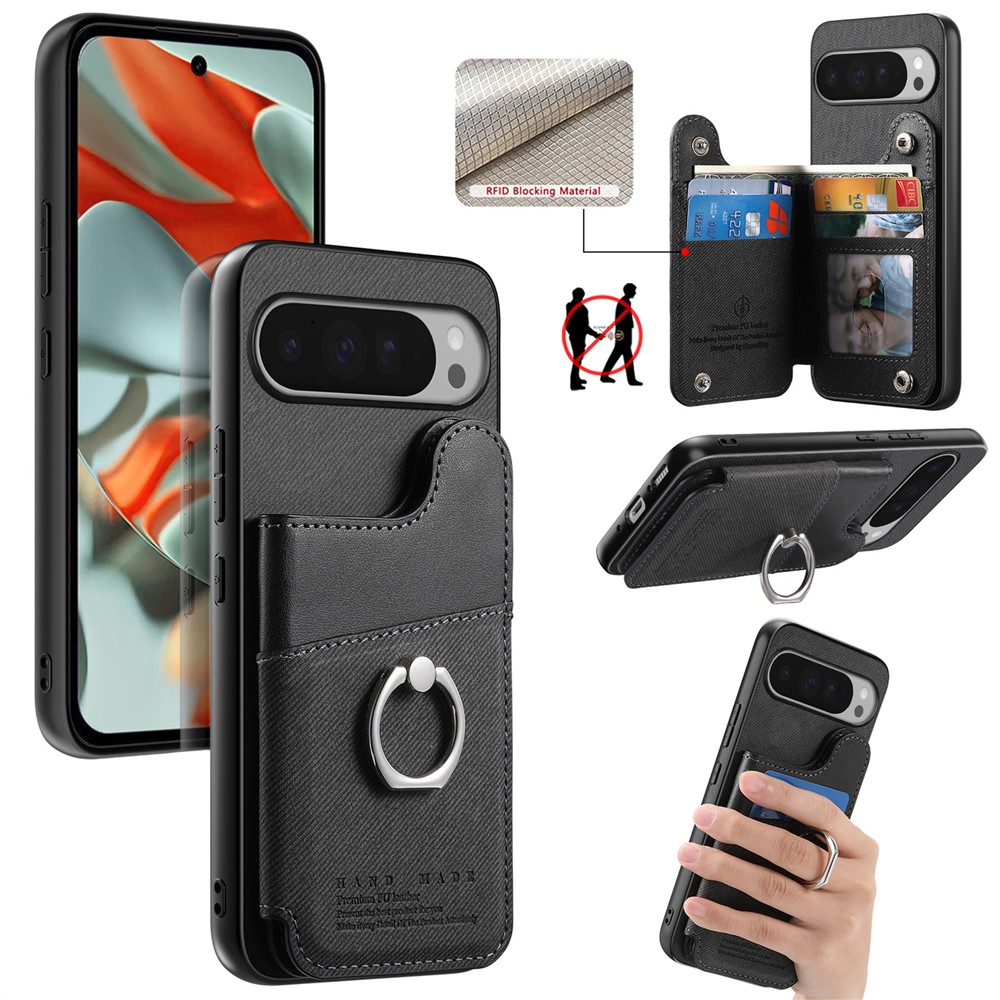 For Google Pixel 9 Pro XL / Google Pixel 10 Pro XL Case with Card Holder Kickstand Leather + TPU + PC Phone Cover - Black