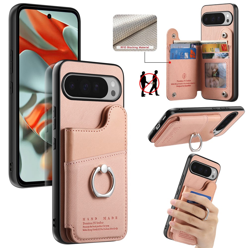 For Google Pixel 9 Pro XL / Google Pixel 10 Pro XL Case with Card Holder Kickstand Leather + TPU + PC Phone Cover - Pink