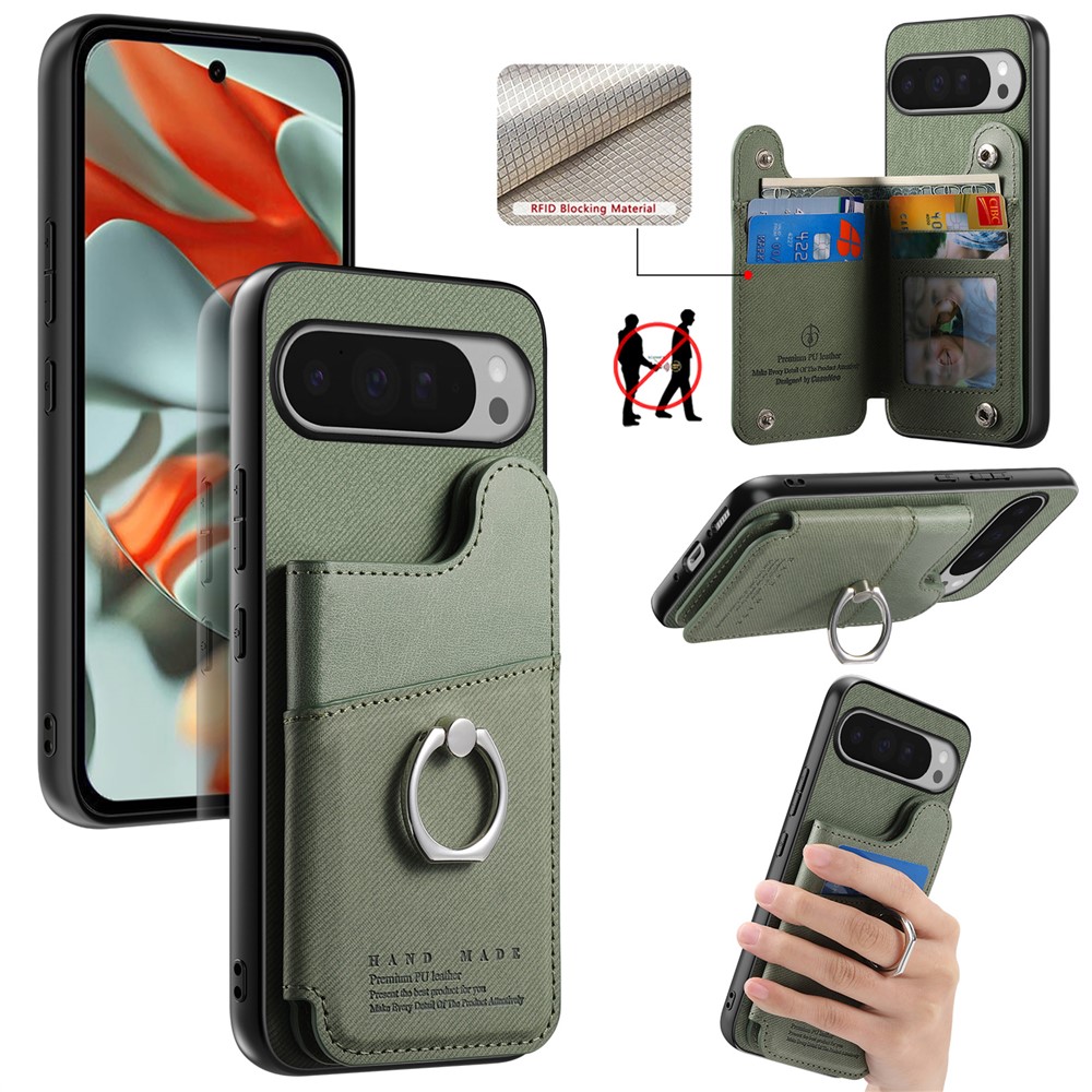 For Google Pixel 9 Pro / Google Pixel 9 / Google Pixel 10 / Google Pixel 10 Pro Case with Card Holder Kickstand Leather + TPU + PC Phone Cover - Green