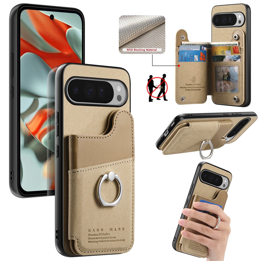 For Google Pixel 9 Pro / Google Pixel 9 / Google Pixel 10 / Google Pixel 10 Pro Case with Card Holder Kickstand Leather + TPU + PC Phone Cover - Khaki