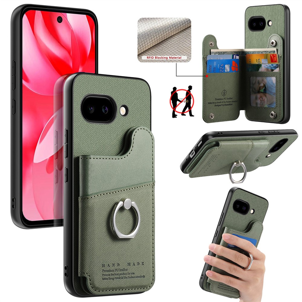 For Google Pixel 9a Case with Card Holder Kickstand Leather + TPU + PC Phone Cover - Green