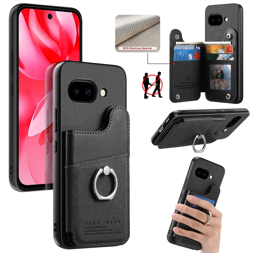 For Google Pixel 9a Case with Card Holder Kickstand Leather + TPU + PC Phone Cover - Black