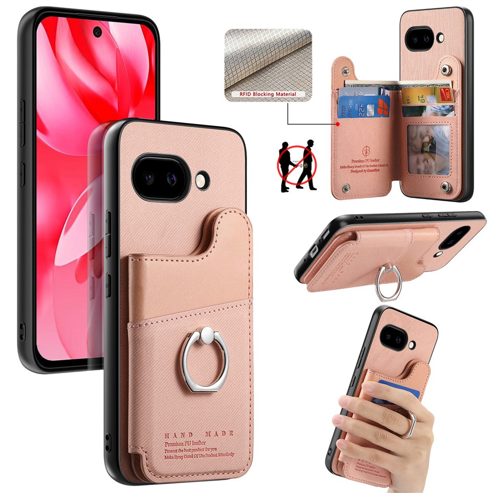 For Google Pixel 9a Case with Card Holder Kickstand Leather + TPU + PC Phone Cover - Pink