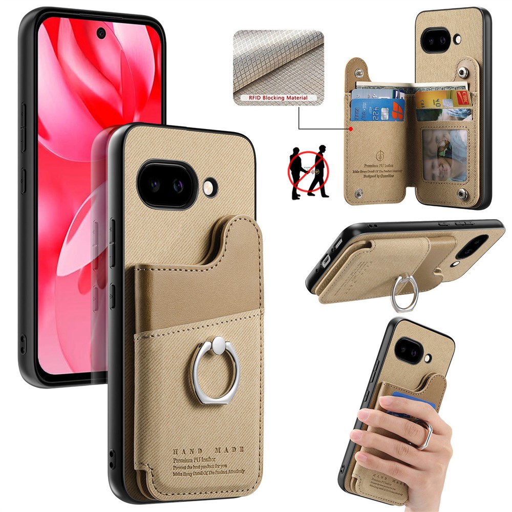 For Google Pixel 9a Case with Card Holder Kickstand Leather + TPU + PC Phone Cover - Khaki