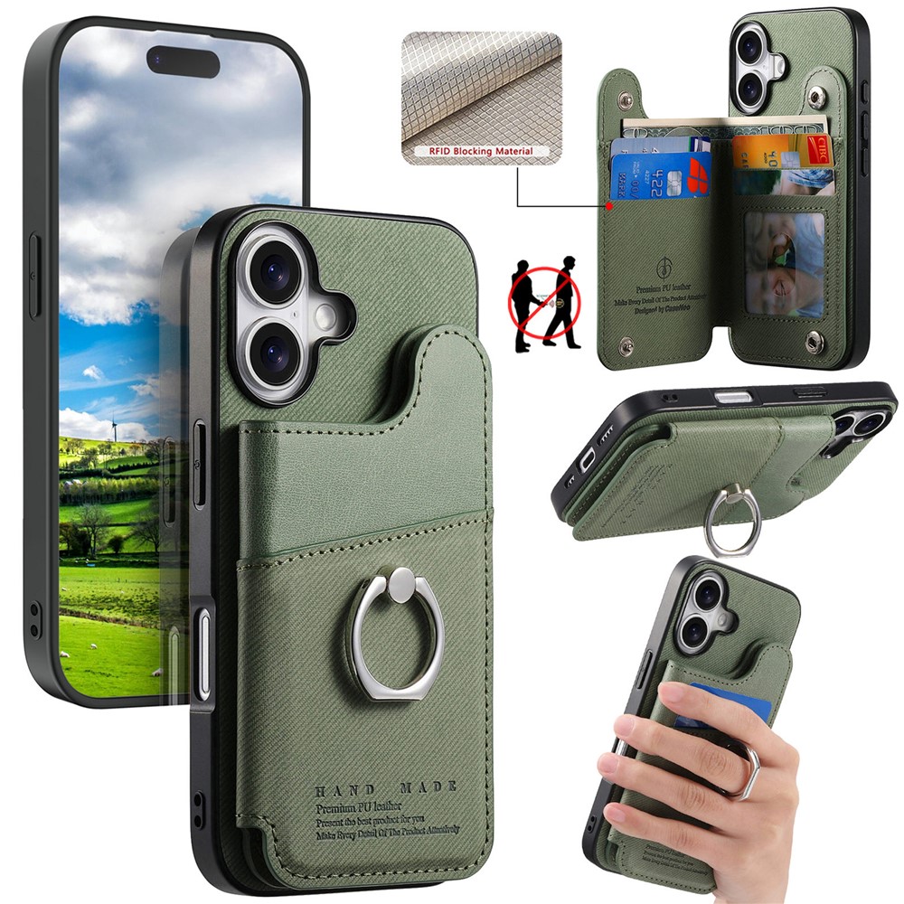 For iPhone 16 Case with Card Holder Kickstand Leather + TPU + PC Phone Cover - Green
