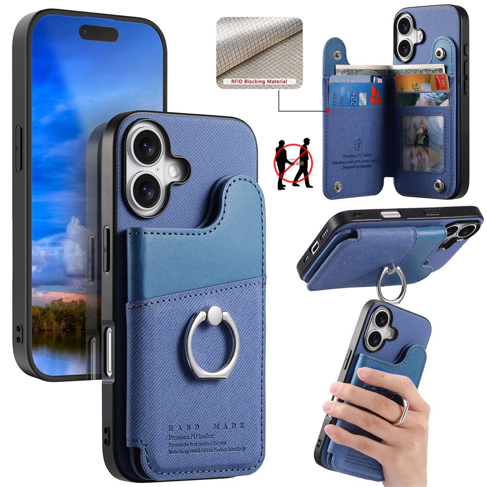 For iPhone 16 Case with Card Holder Kickstand Leather + TPU + PC Phone Cover - Blue