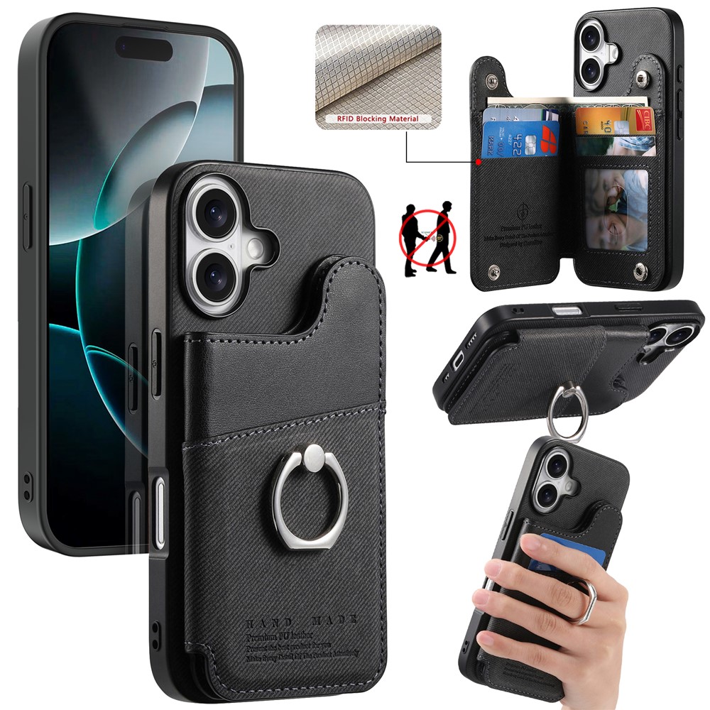 For iPhone 16 Case with Card Holder Kickstand Leather + TPU + PC Phone Cover - Black
