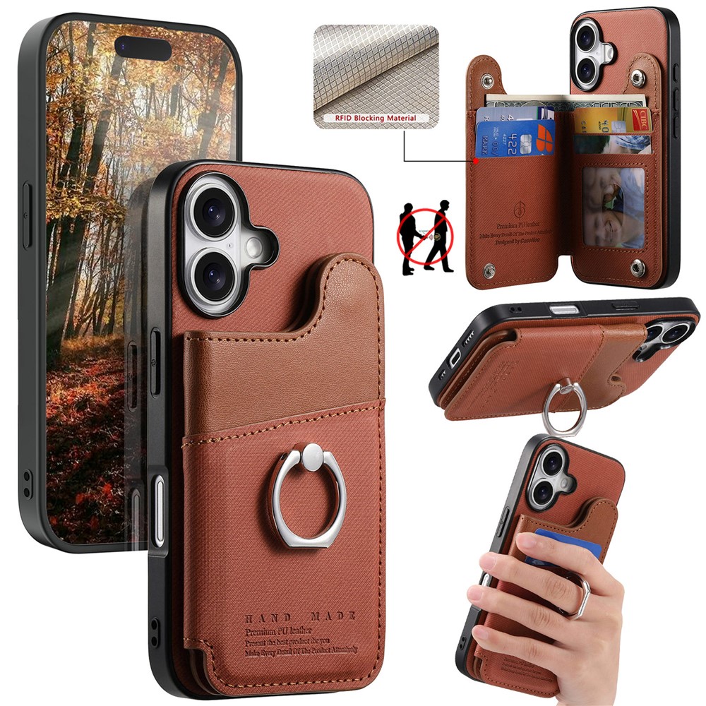 For iPhone 16 Case with Card Holder Kickstand Leather + TPU + PC Phone Cover - Brown
