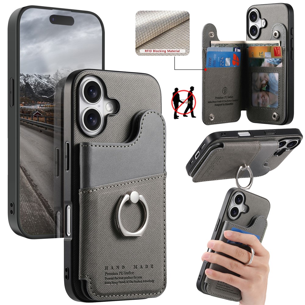 For iPhone 16 Case with Card Holder Kickstand Leather + TPU + PC Phone Cover - Grey