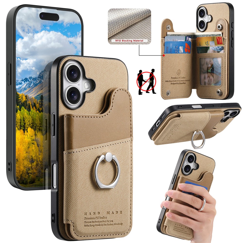 For iPhone 16 Case with Card Holder Kickstand Leather + TPU + PC Phone Cover - Khaki