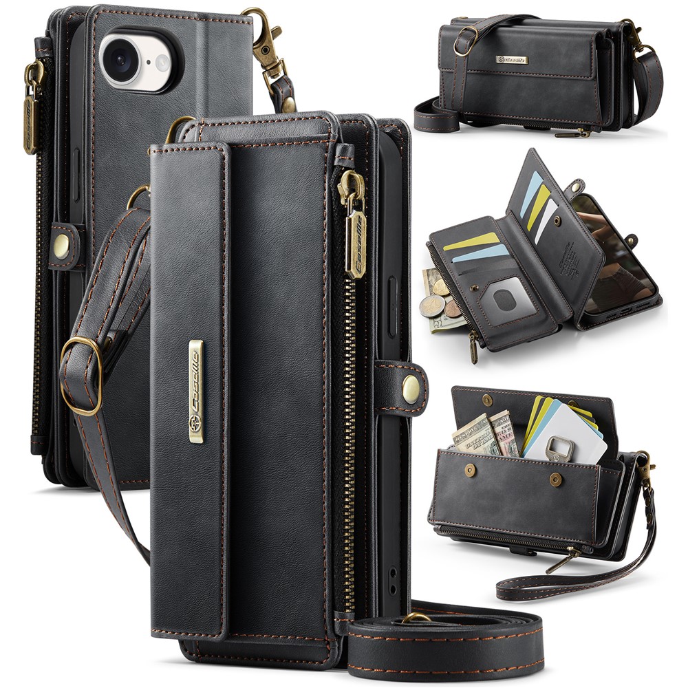 For iPhone 16e Case CASEME C39 RFID Blocking Zipper Wallet Stand Leather Cover with Strap - Black