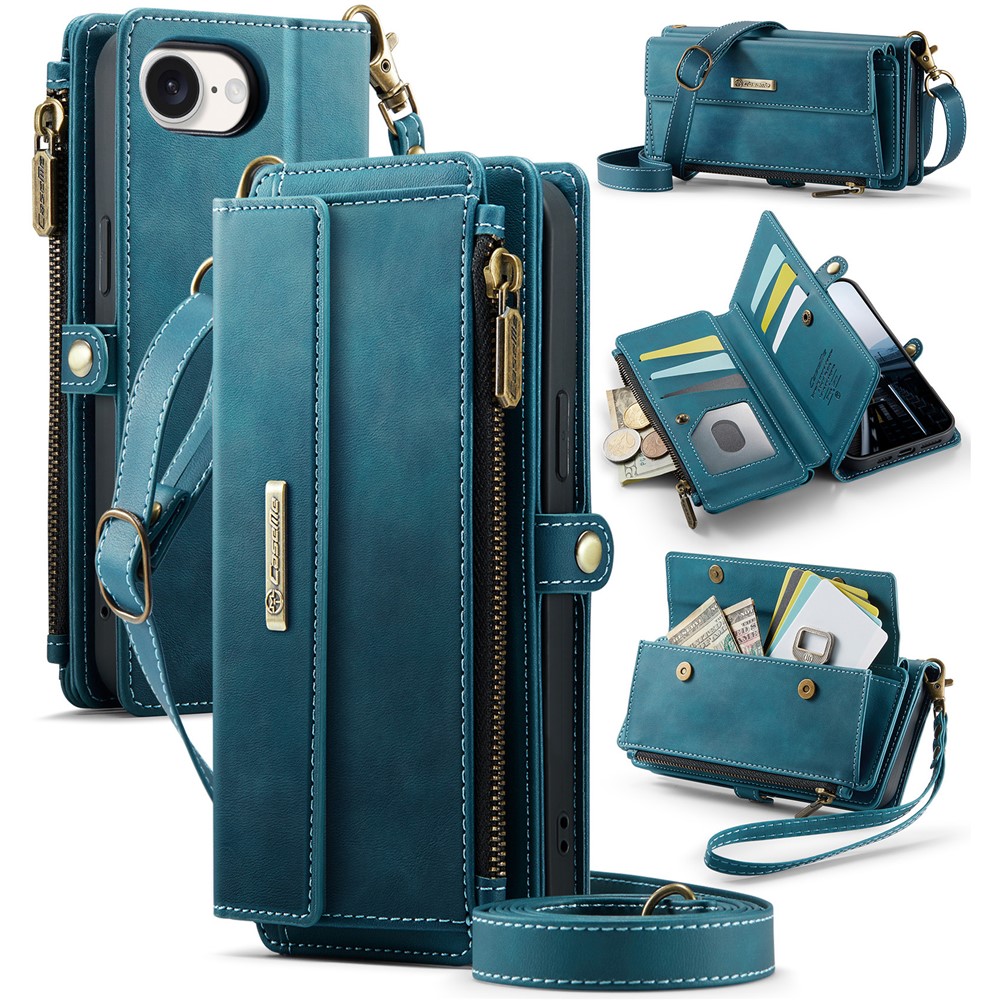 For iPhone 16e Case CASEME C39 RFID Blocking Zipper Wallet Stand Leather Cover with Strap - Green