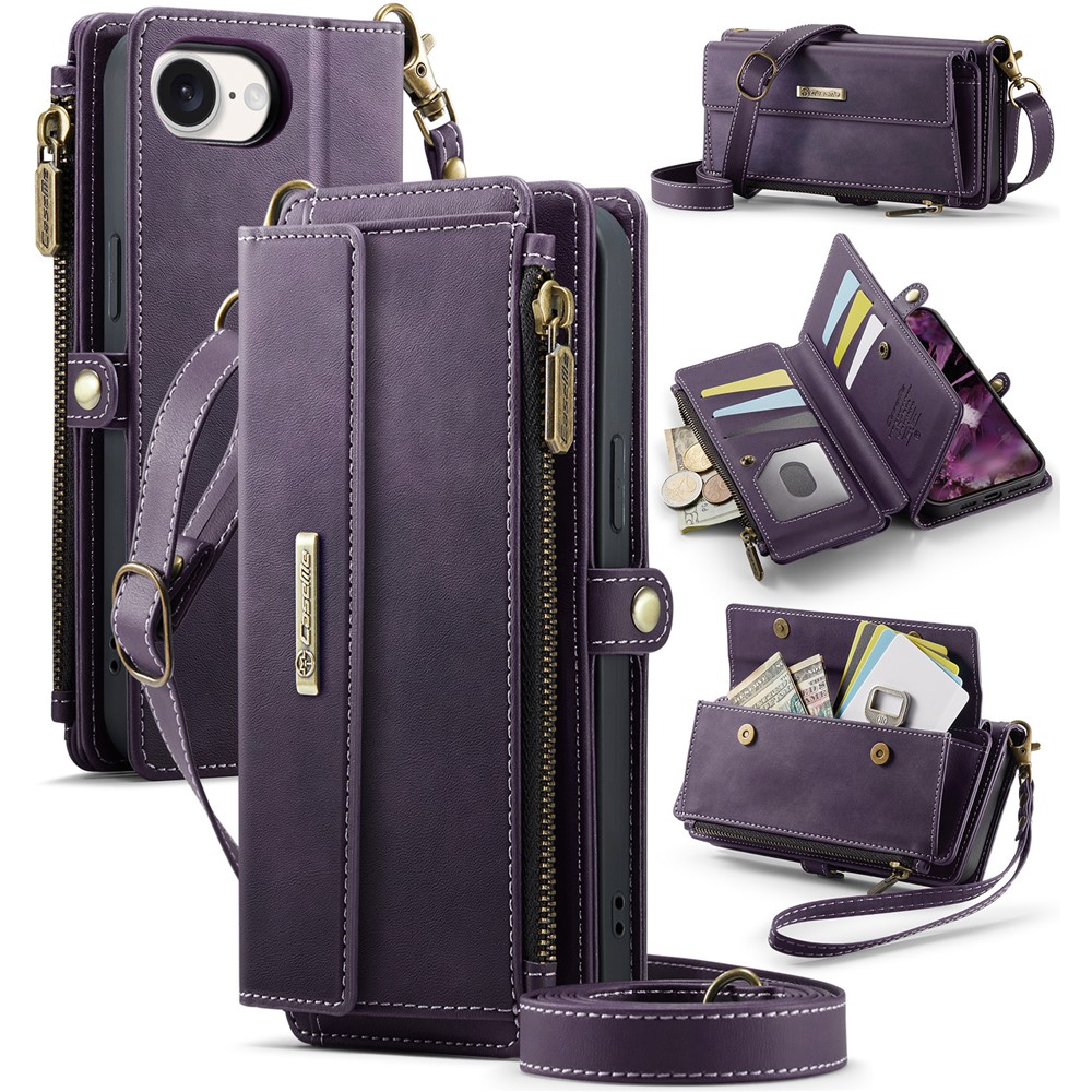 For iPhone 16e Case CASEME C39 RFID Blocking Zipper Wallet Stand Leather Cover with Strap - Purple