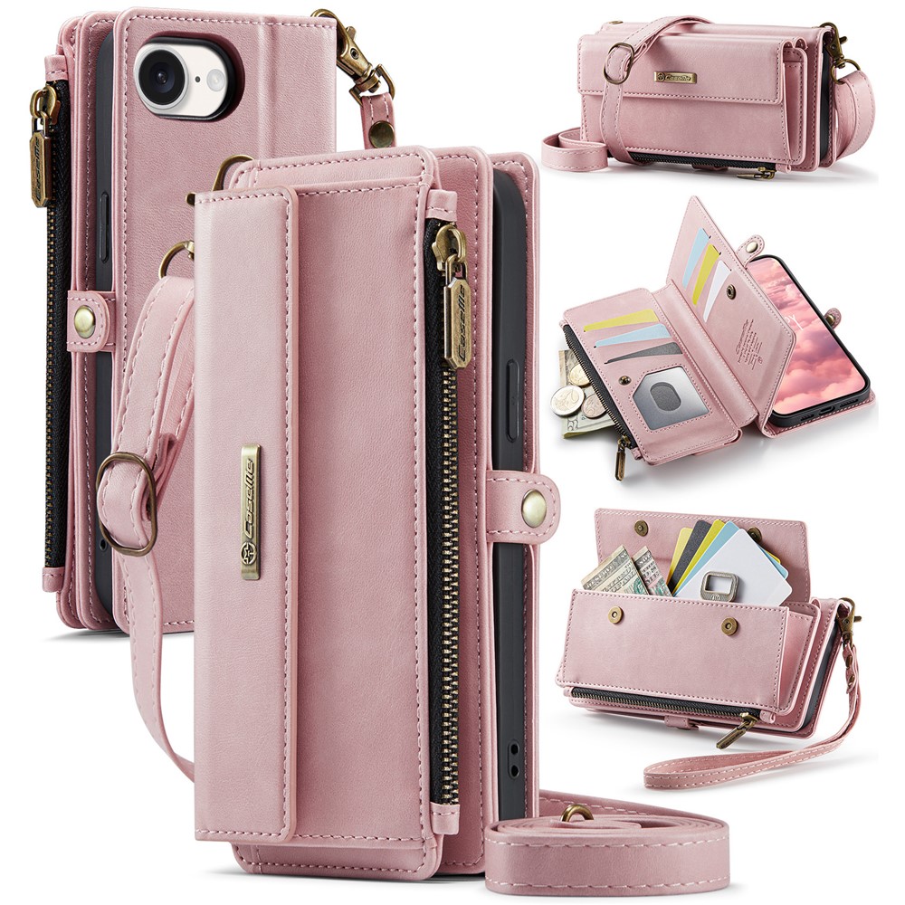 For iPhone 16e Case CASEME C39 RFID Blocking Zipper Wallet Stand Leather Cover with Strap - Pink