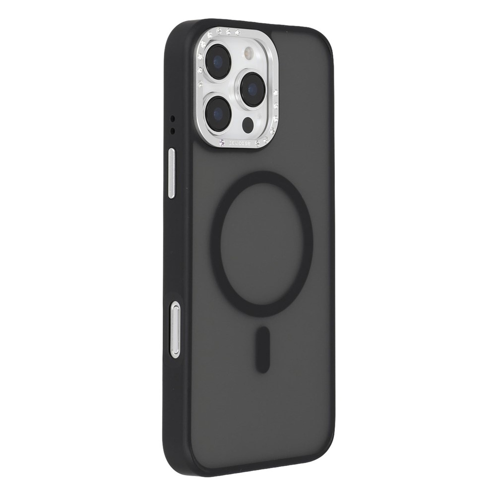 JAUCASE For iPhone 16 Pro Max Magnetic Case Rhinestone Decor Lens Frame TPU + PC Phone Back Cover - Black