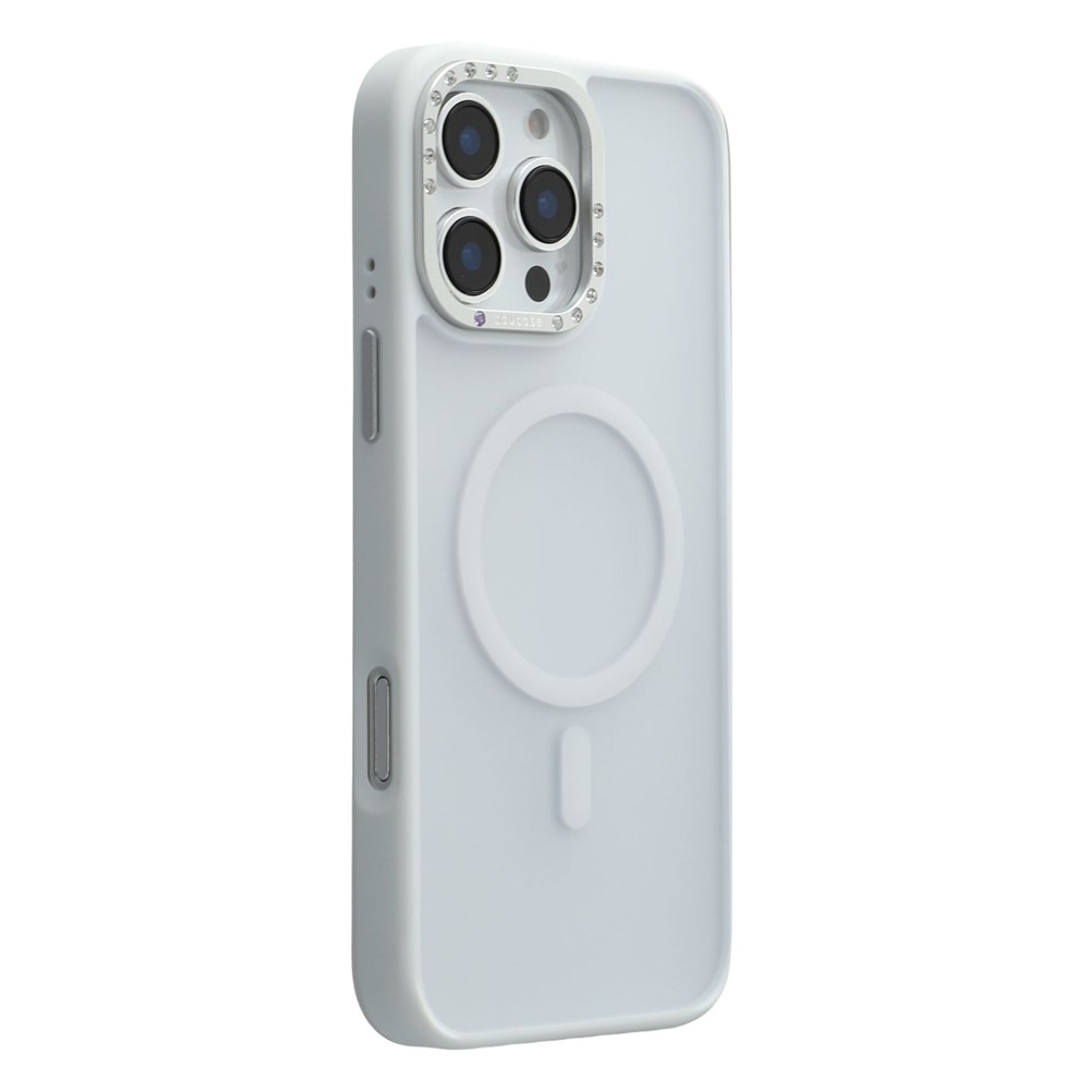JAUCASE For iPhone 16 Pro Max Magnetic Case Rhinestone Decor Lens Frame TPU + PC Phone Back Cover - White