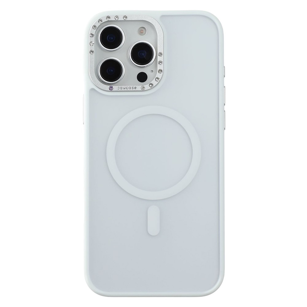 JAUCASE For iPhone 15 Pro Magnetic Case Rhinestone Decor Lens Frame TPU + PC Phone Back Cover - White