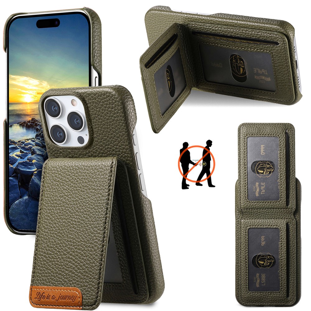 For iPhone 15 Pro Max Case RFID Blocking Card Holder Litchi Texture Leather Back Cover - Midnight Green